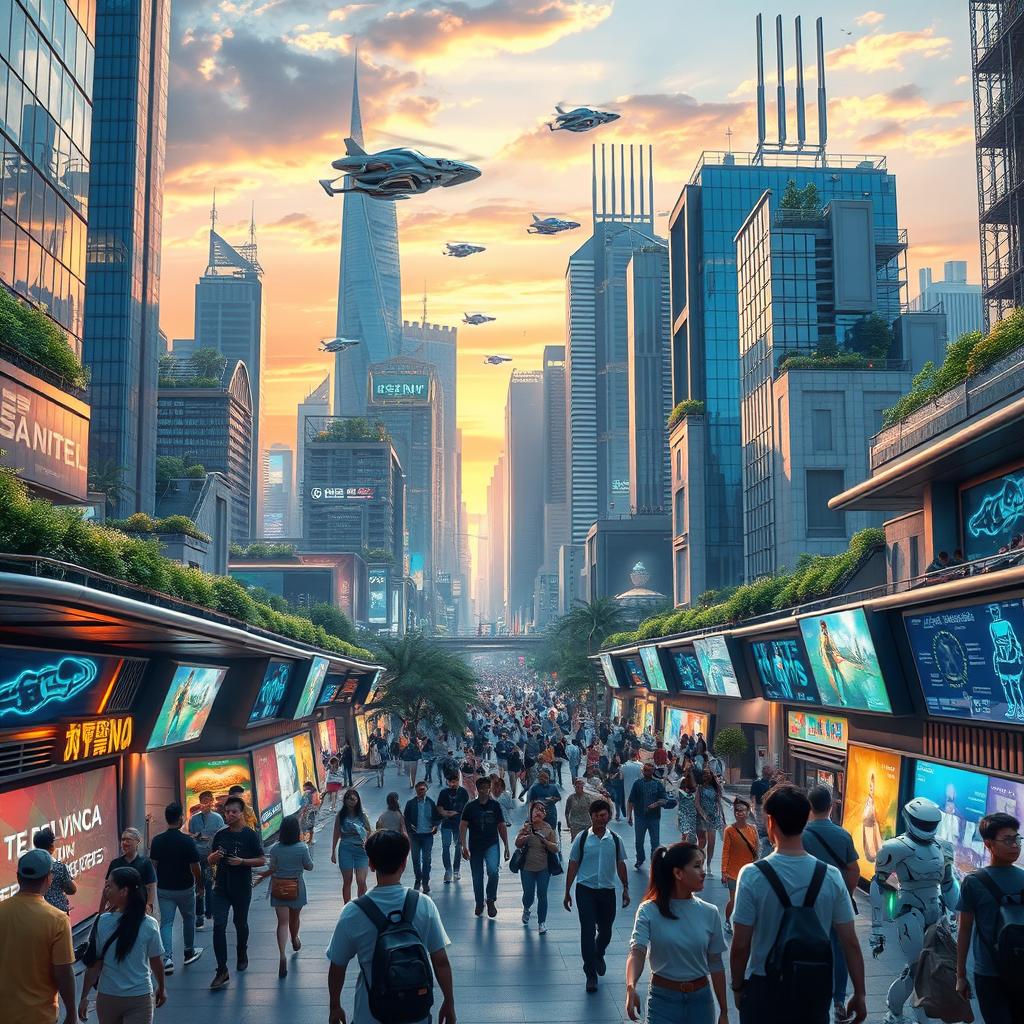 A vibrant and dynamic futuristic cityscape showcasing advanced technology and innovative architecture