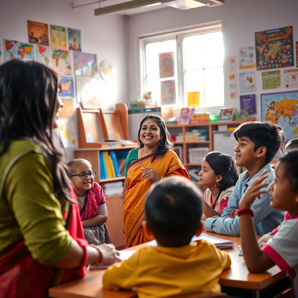 A vibrant classroom scene featuring an Indian teacher passionately engaging with students