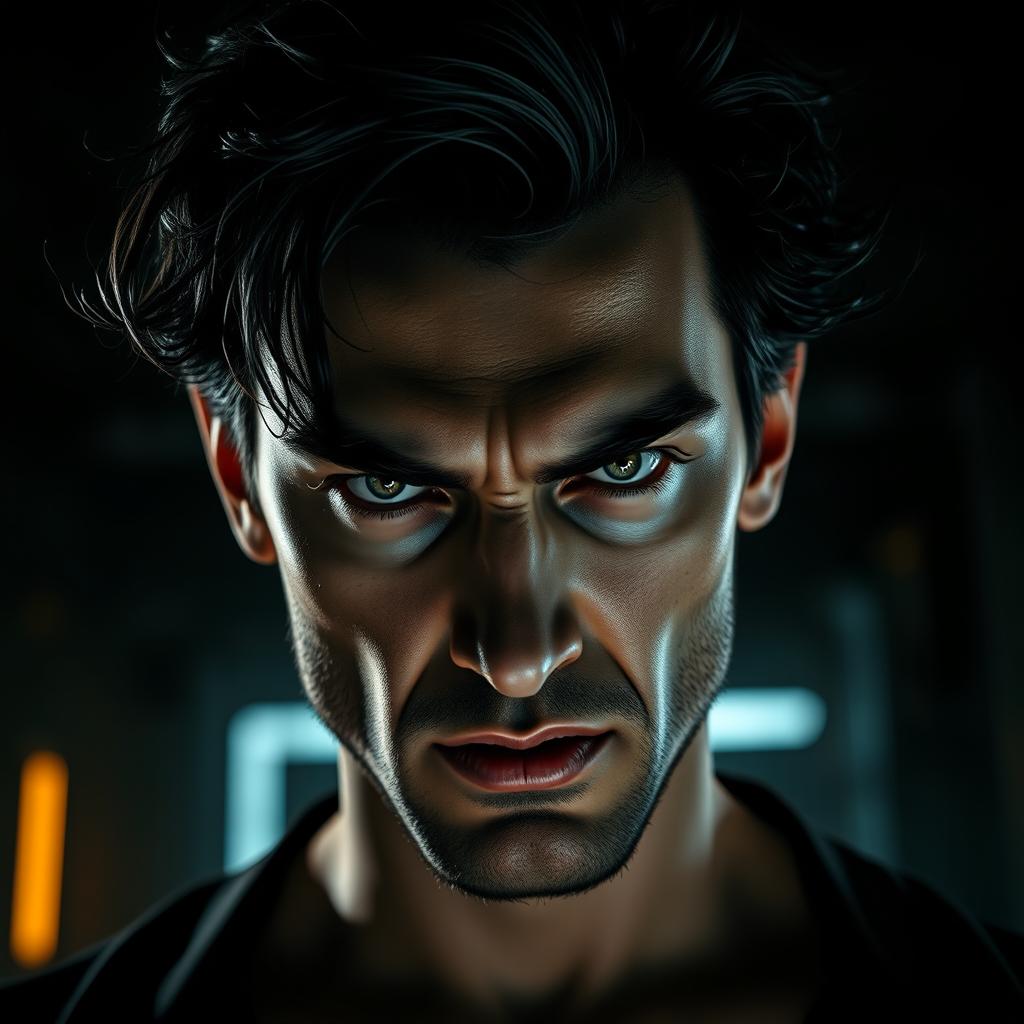 A striking portrait of a character with an intense and dangerous expression, featuring sharp facial features and piercing eyes