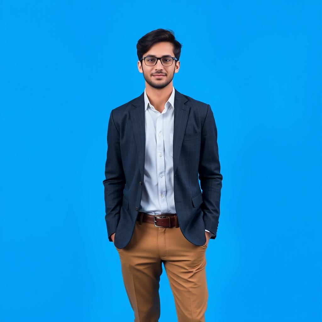 A person standing confidently in smart casual attire, featuring a tailored blazer, crisp button-up shirt, and well-fitted trousers