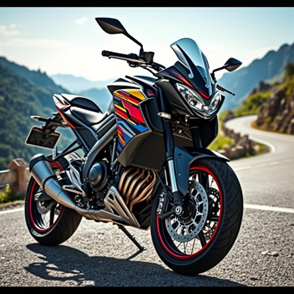 A stunning high-performance motorcycle, the Ssenda X7 200, displayed against a scenic backdrop of a winding mountain road
