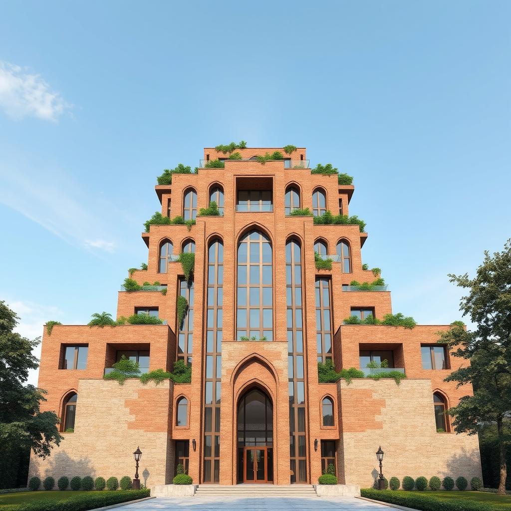 Design a stunning and eye-catching facade of a 20-story modern deconstructivist building, creatively combined with the architectural beauty of the Ali Qapu Palace in Isfahan