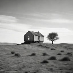 An isolated house situated amidst an expansive,empty landscape, devoid of any other structures, trees or humans.