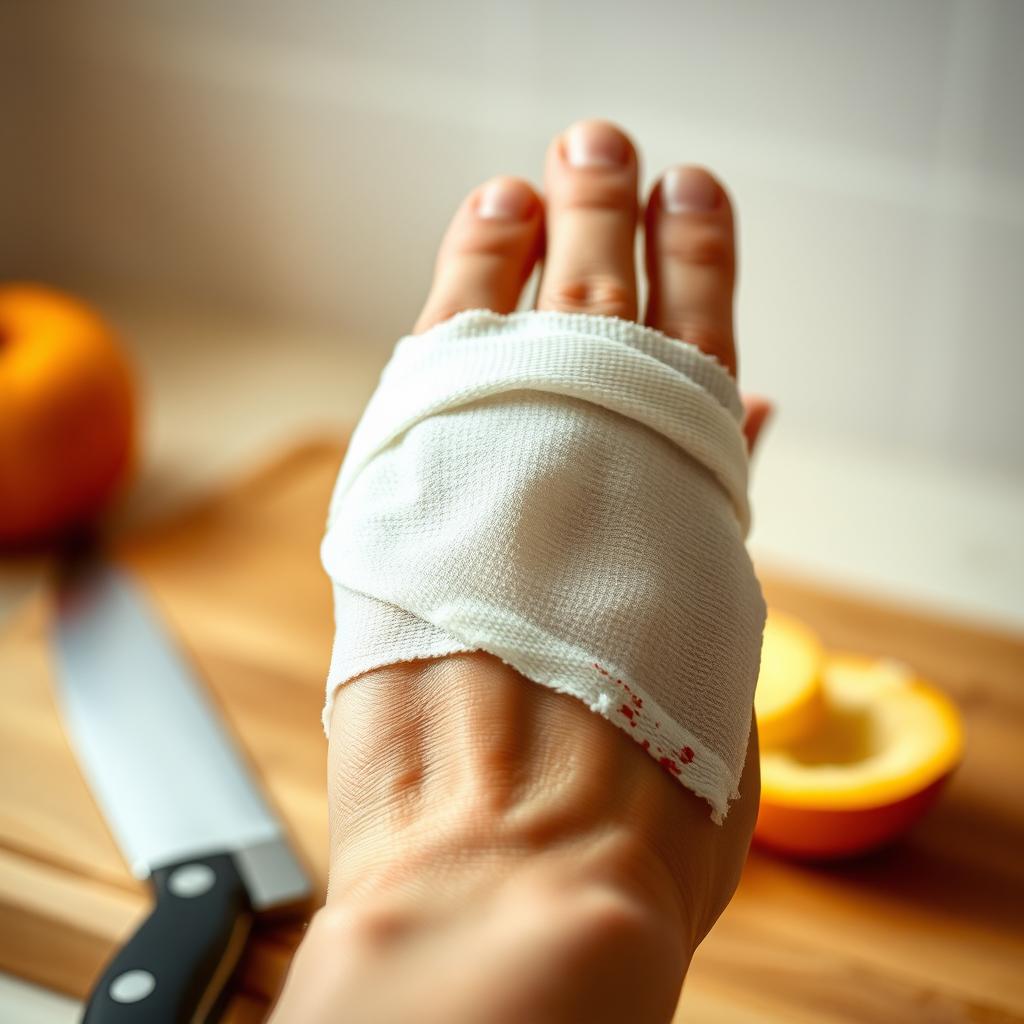 A close-up of a hand with a bandaged finger, showcasing a slicing accident
