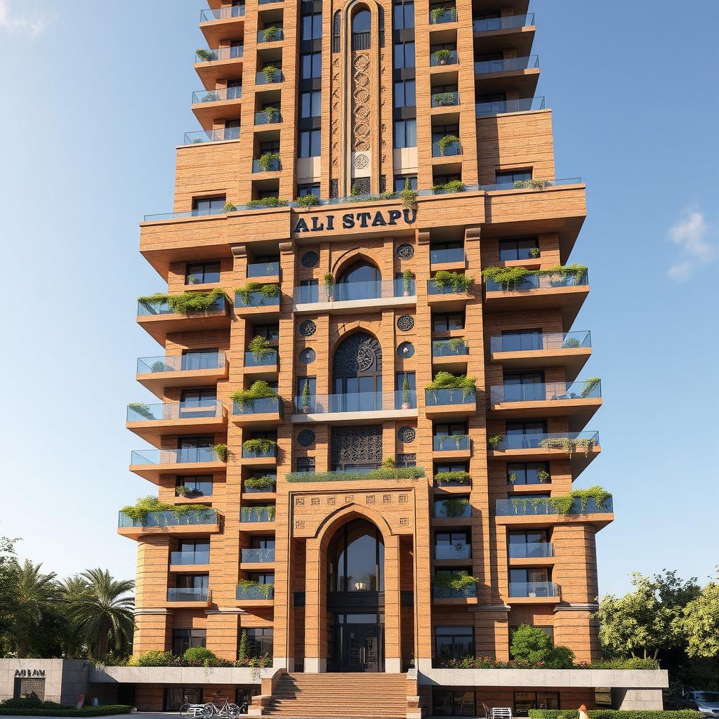 A stunning and striking design of a 20-story modern architectural tower, intertwined with elements of the iconic Ali Qapu palace in Isfahan, prominently showcased on the fourth and top floor