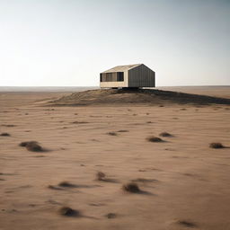 An isolated house situated amidst an expansive,empty landscape, devoid of any other structures, trees or humans.