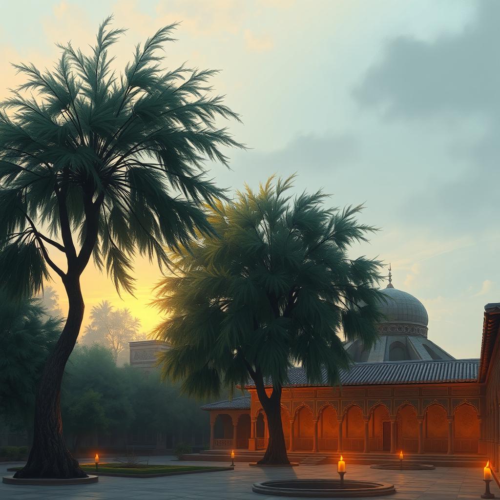 A horizontal digital illustration of an ancient, mystical garden in Bukhara at sunset