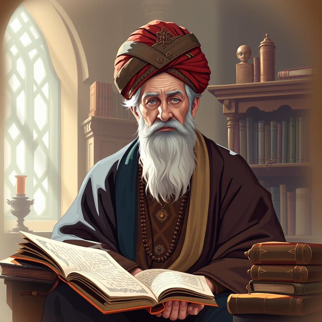A horizontal digital illustration portrait of an elderly, thoughtful Sufi master dressed in traditional robes and a beautifully ornate turban