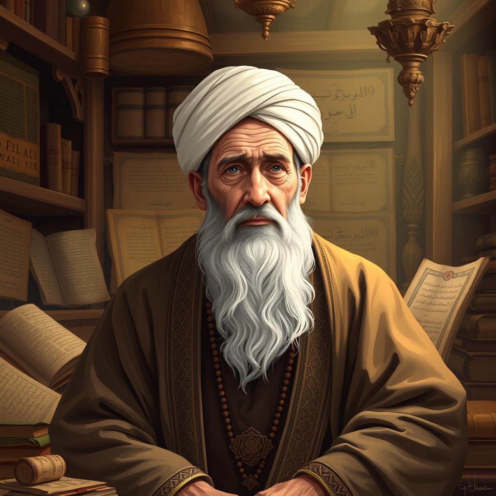 A horizontal digital illustration portrait of an elderly, thoughtful Sufi master wearing traditional robes and a turban