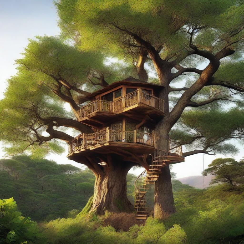 A unique treehouse nestled atop a towering tree, isolated in the midst of an infinite, untouched natural landscape.