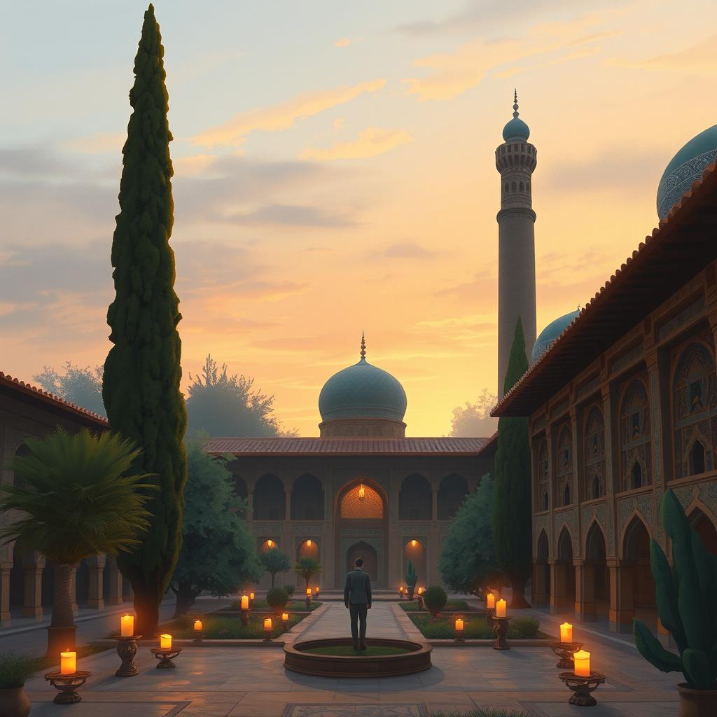 A horizontal digital illustration depicting an ancient, mystical garden in Bukhara at sunset