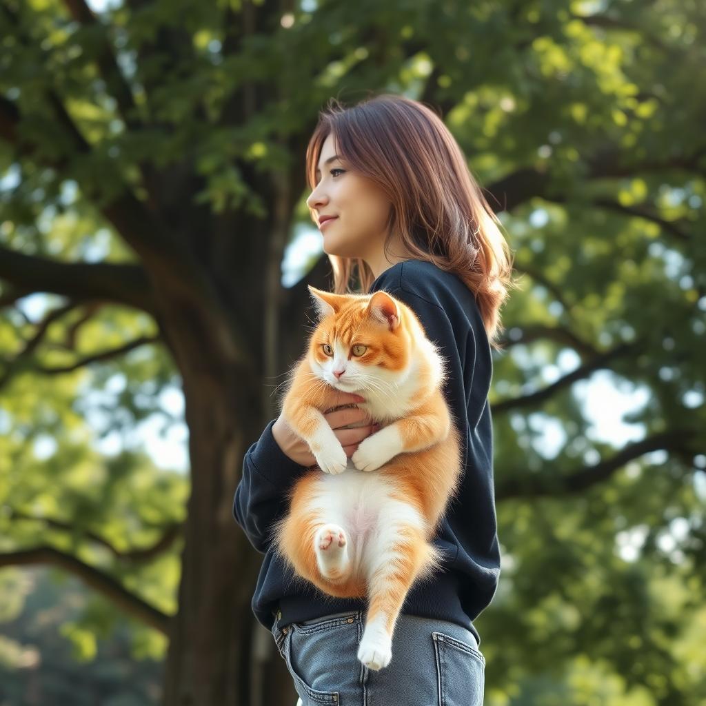 A 36-year-old woman with a medium athletic build standing in profile, wearing a stylish black sweatshirt and gray jeans, displays her medium height, light brown hair elegantly