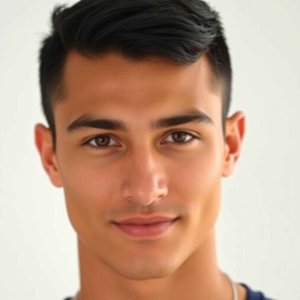 A portrait of a 22-year-old handsome man with a strong brow line, deep brown eyes, and tawny brown skin