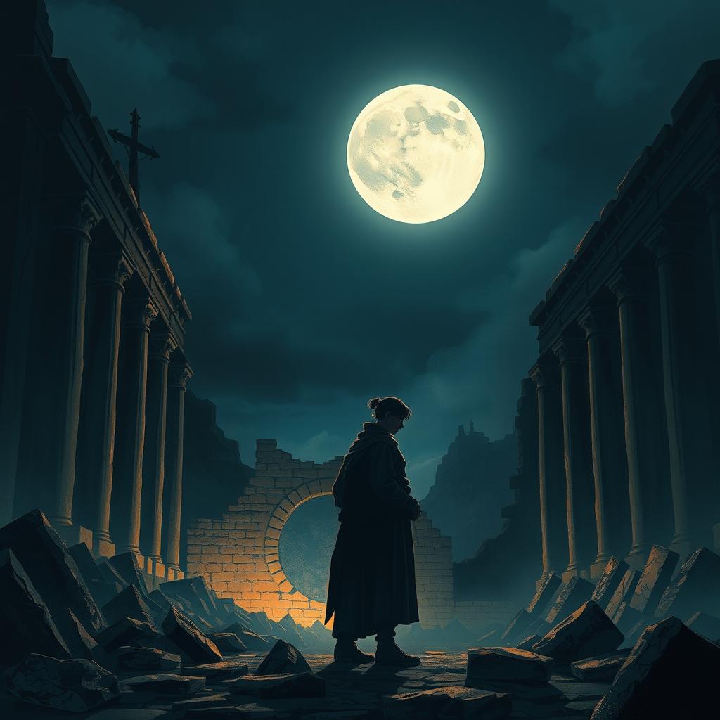 A horizontal digital illustration of a dramatic night scene in a ruined ancient cityscape, featuring two figures standing together under a bright full moon