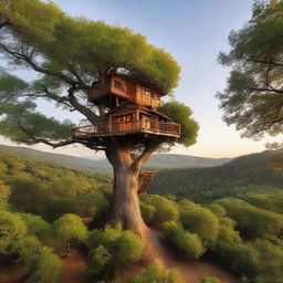 A unique treehouse nestled atop a towering tree, isolated in the midst of an infinite, untouched natural landscape.