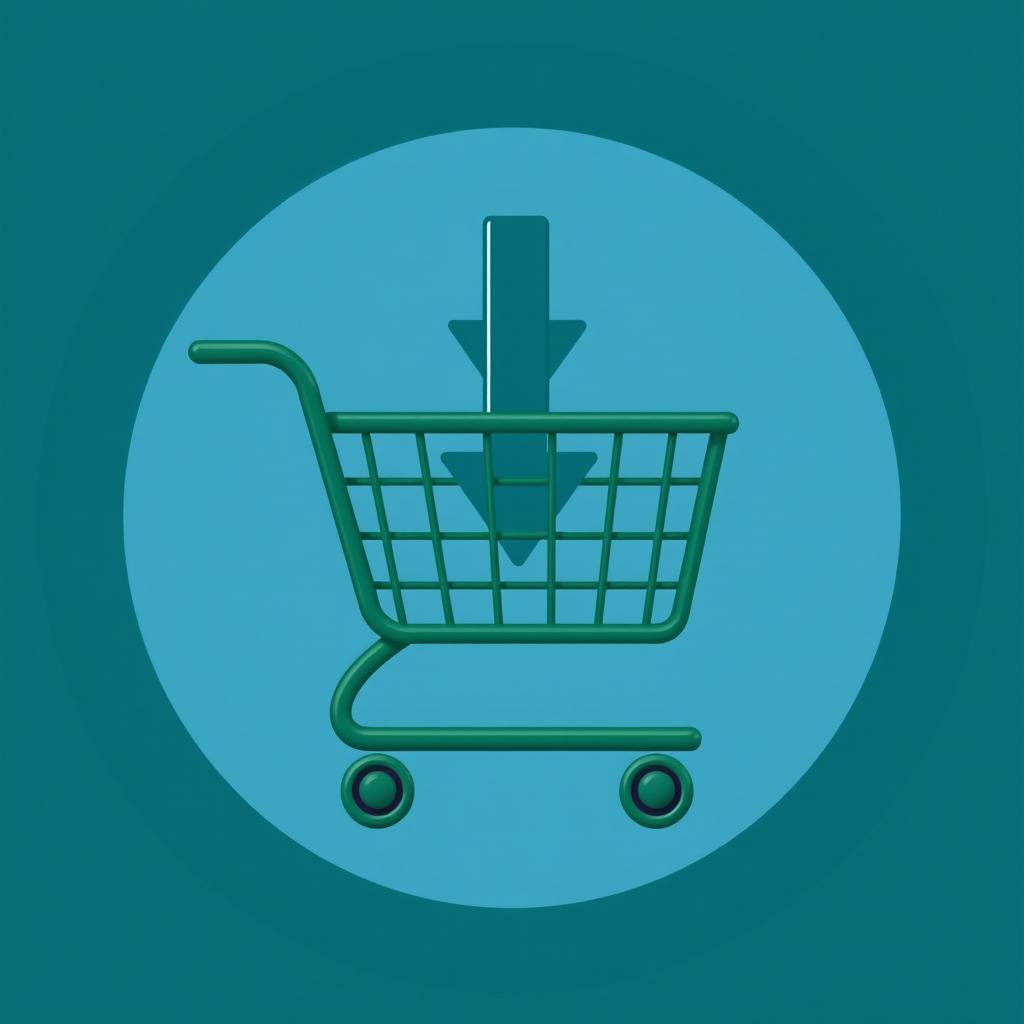 A deep green trolley with a downward dark cyan arrow symbolizing the concept of incoming goods and supply acquisition