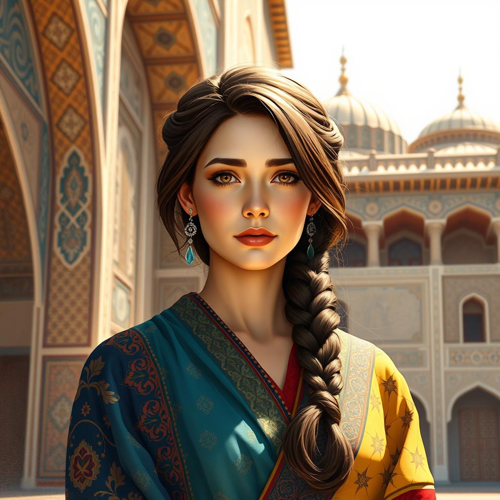 A horizontal digital illustration portrait of a beautiful, dignified woman in traditional Central Asian attire, characterized by vibrant colors and intricate patterns