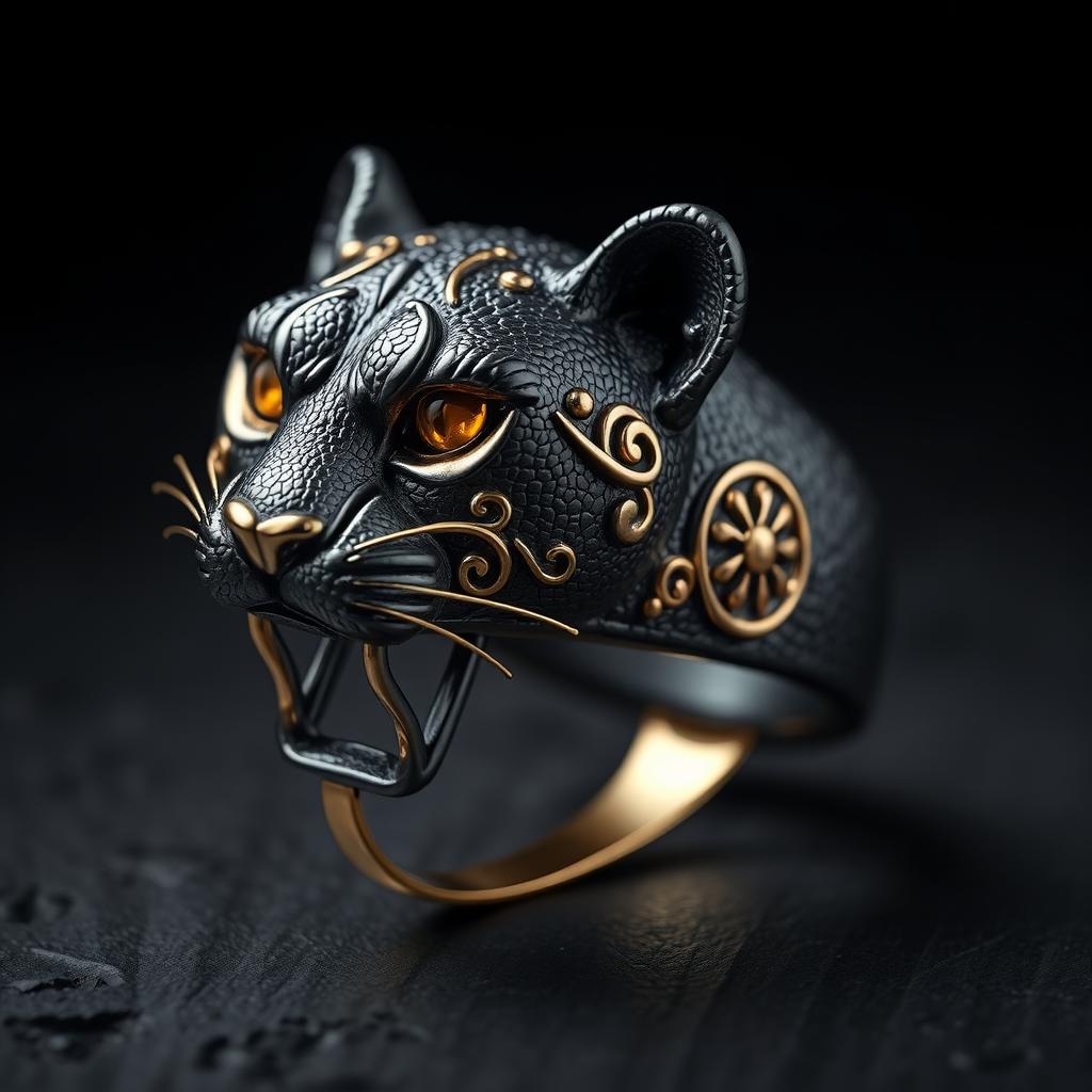 A detailed and artistic rendering of a panther ring, crafted from textured dark silver and adorned with intricate golden Art Deco filigree ornaments