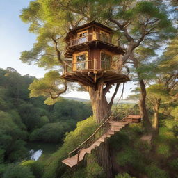 A unique treehouse nestled atop a towering tree, isolated in the midst of an infinite, untouched natural landscape.