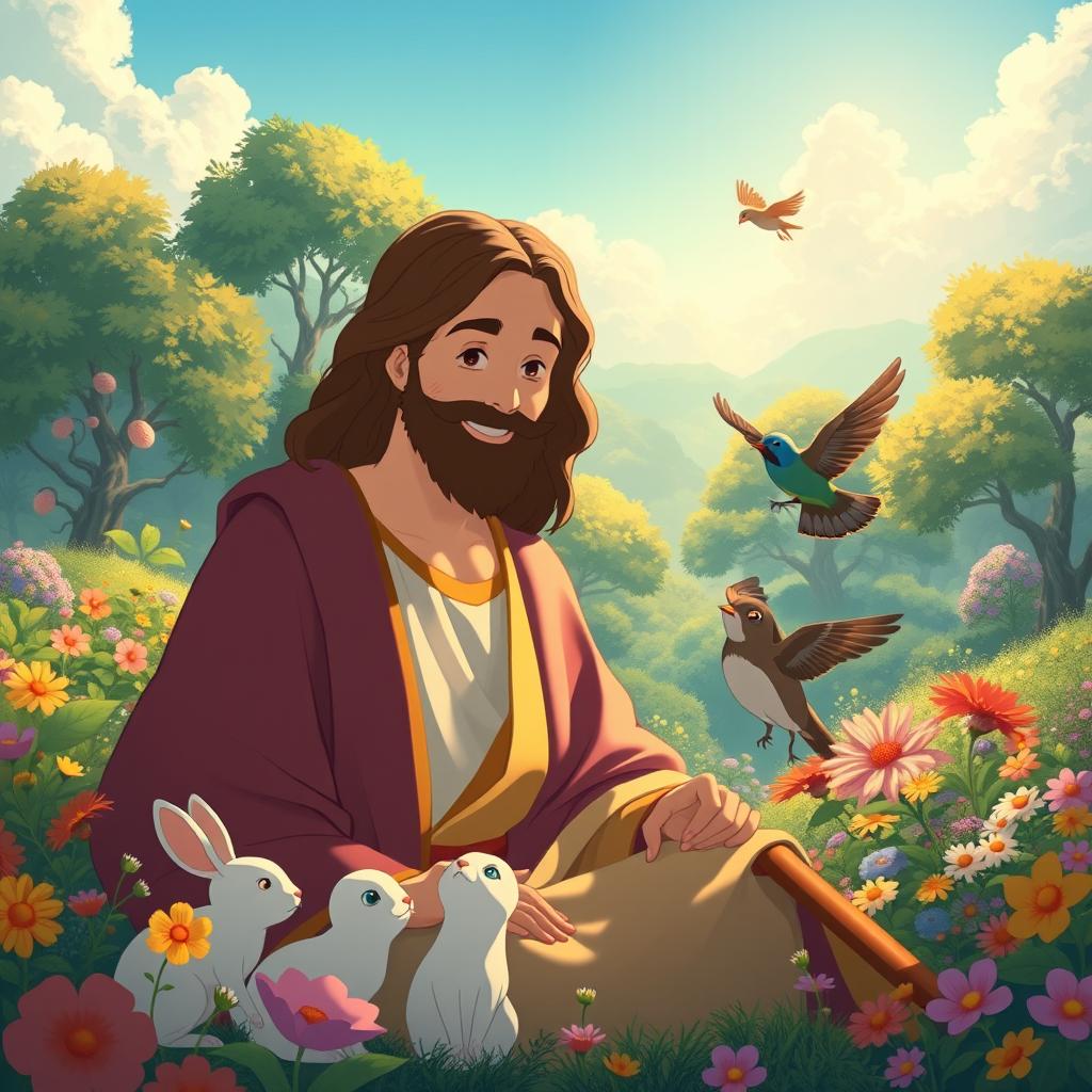 A serene and whimsical scene in the style of Studio Ghibli, featuring Jesus with a gentle smile, surrounded by lush, colorful landscapes filled with vibrant flowers and trees