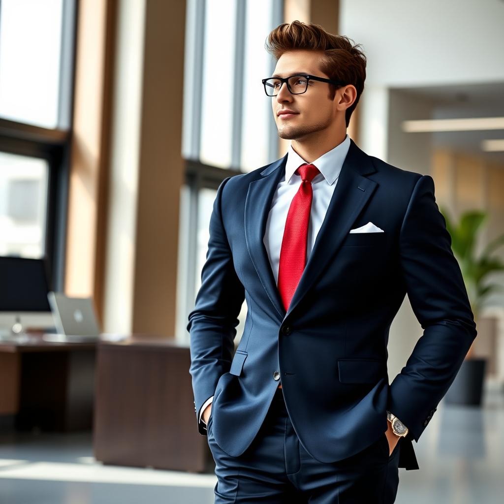 A confident individual wearing a stylish, tailored business suit, exuding professionalism and charisma