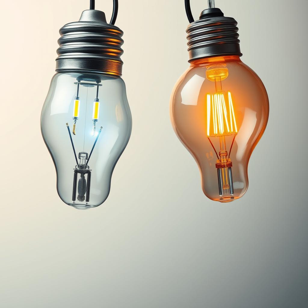 An artistic representation of a light bulb cut in half, showcasing the internal components of two different types of light bulbs