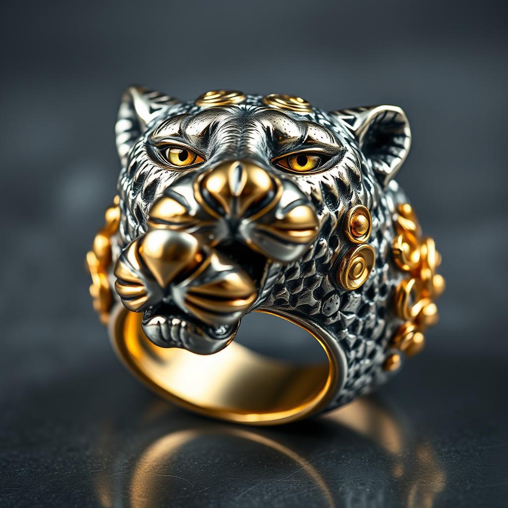 A highly detailed panther ring made of textured silver, skillfully adorned with intricate golden filigree ornaments that amplify its elegance