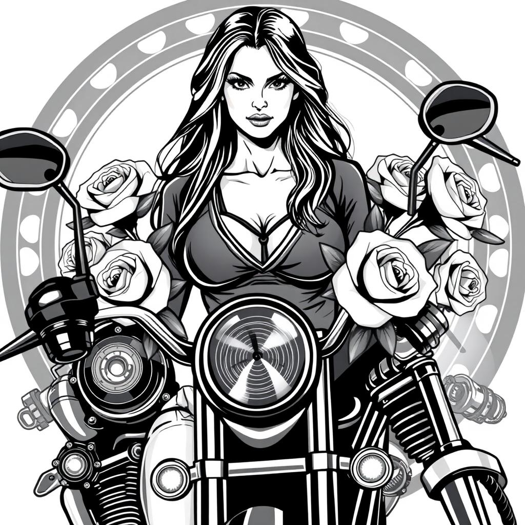 A striking black and white vector image featuring a strong, confident woman surrounded by intricate motorcycle parts