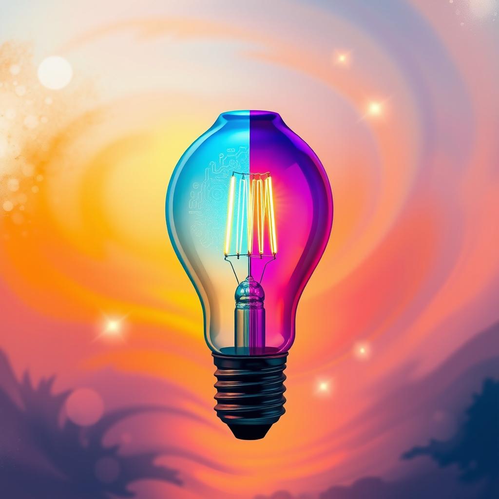An artistic interpretation of a light bulb elegantly divided in half, one side showcasing a modern LED bulb with intricate circuit patterns glowing in a cool blue, and the other side displaying a vintage incandescent bulb with a warm, amber glow illuminating the classic filament