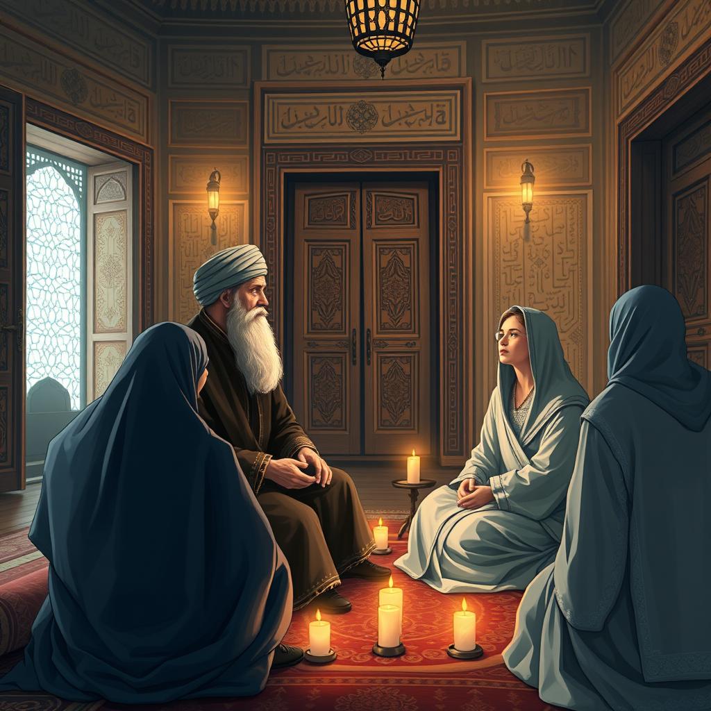 A horizontal digital illustration depicting an intimate scholarly gathering in the historical cities of Khorezm and Bukhara