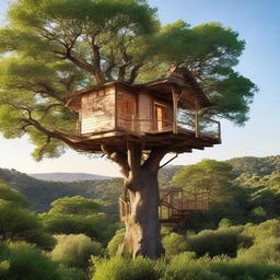 A unique treehouse nestled atop a towering tree, isolated in the midst of an infinite, untouched natural landscape.