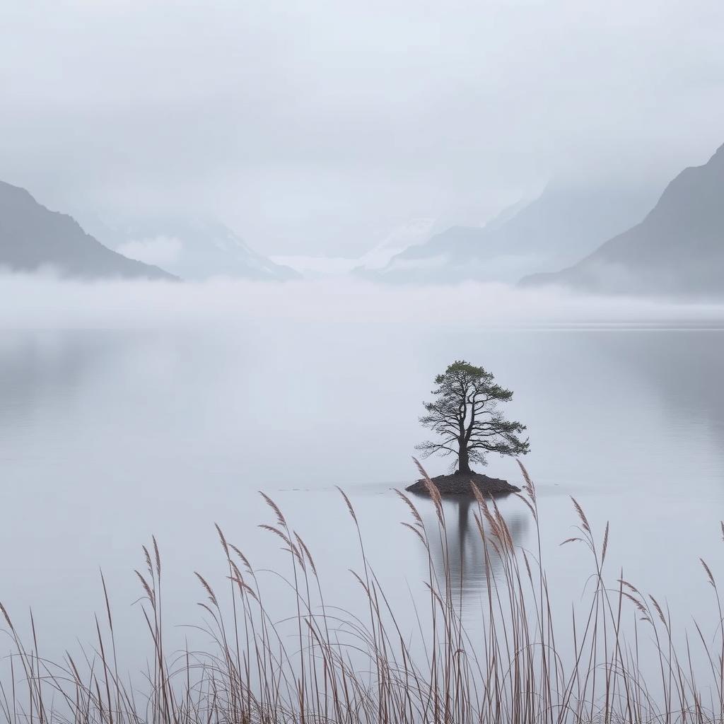 A serene landscape featuring a tranquil lake surrounded by majestic mountains, a soft fog rolling over the water, and a muted color palette with gentle shades of gray and blue