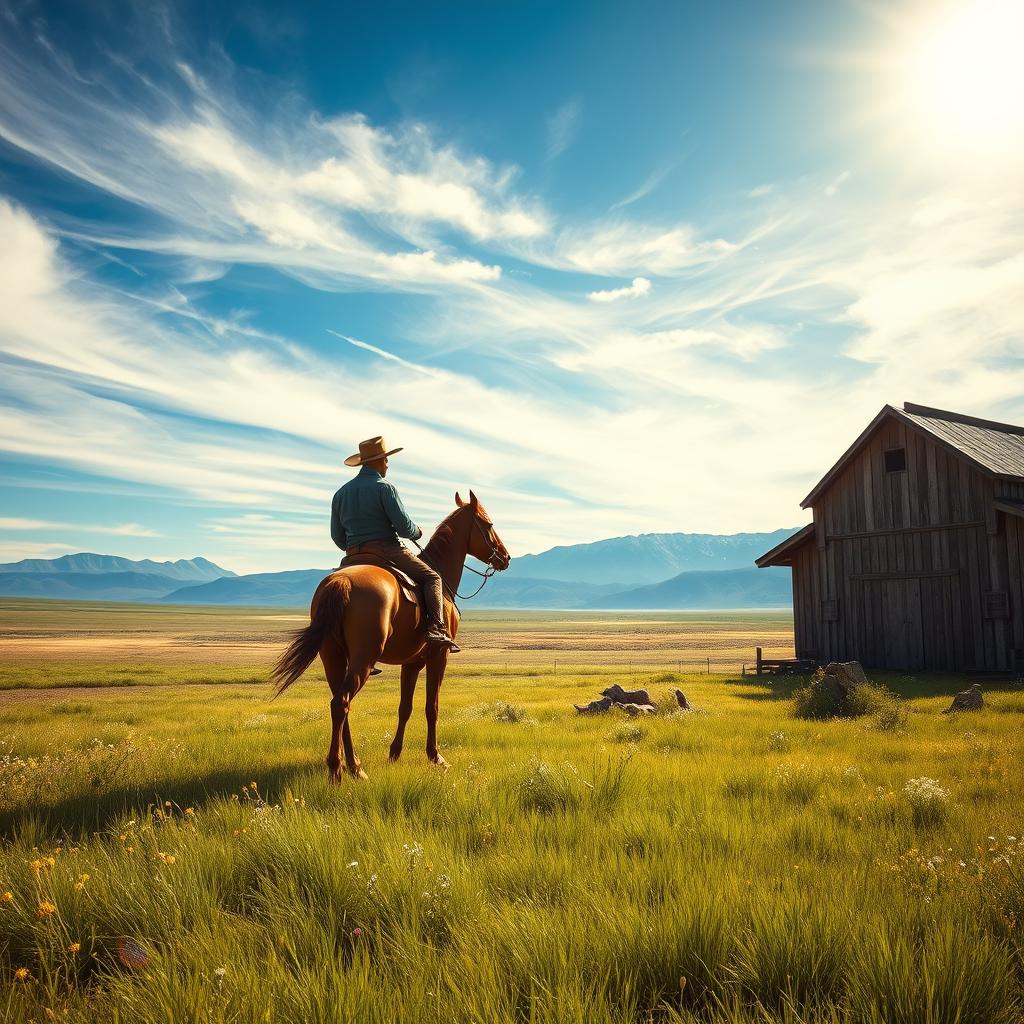 A fantastical scene set in a vibrant western landscape, featuring vast open plains under a brilliant blue sky, dotted with wispy clouds