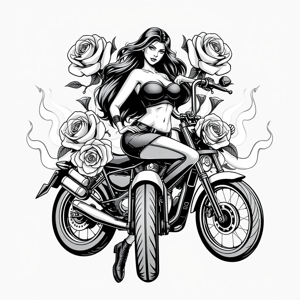 A dynamic black and white vector image depicting a woman confidently posed with motorcycle parts like wheels, handlebars, and exhaust pipes integrated around her