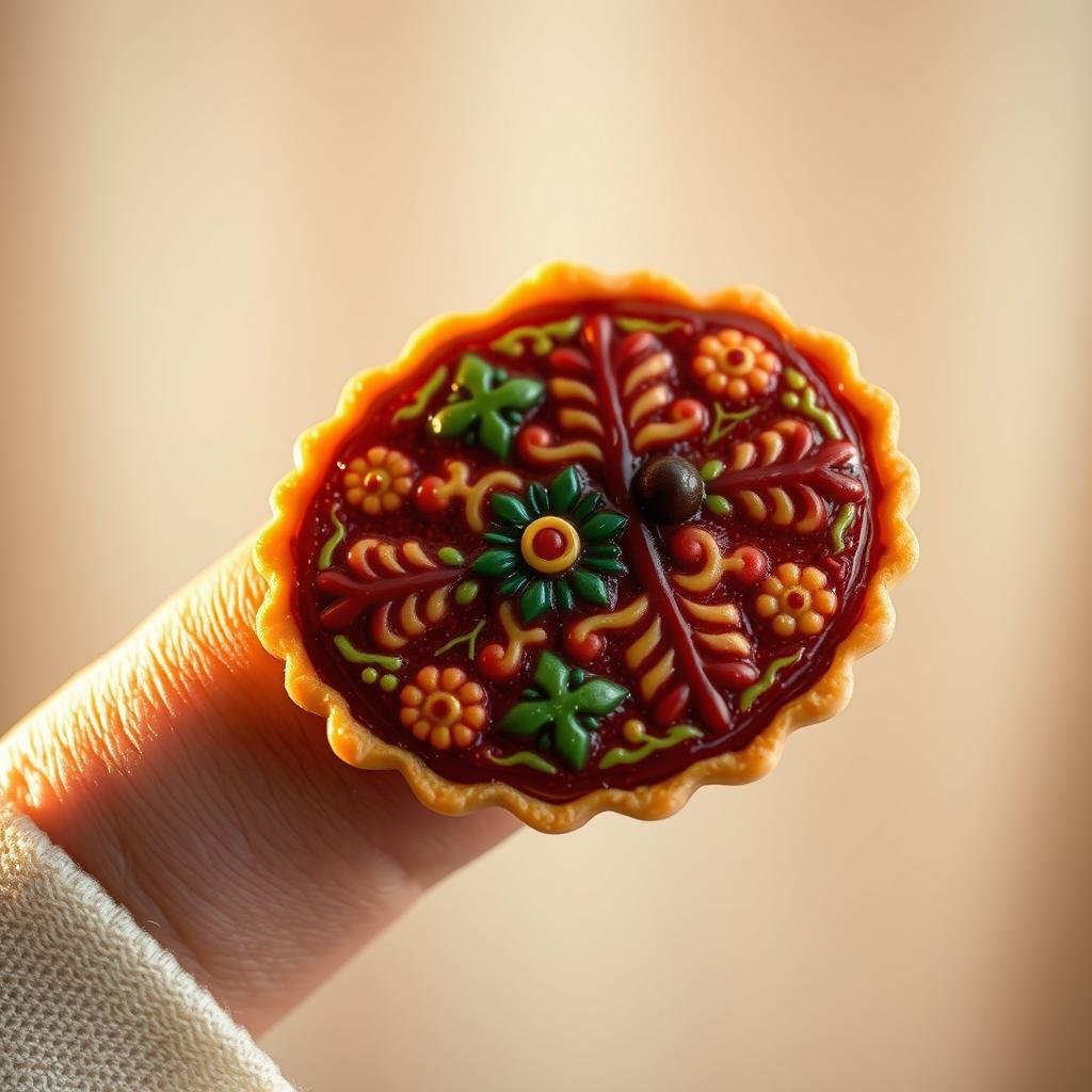 A close-up of a man's finger adorned with a traditional Russian-style tart, featuring intricate designs and vibrant colors