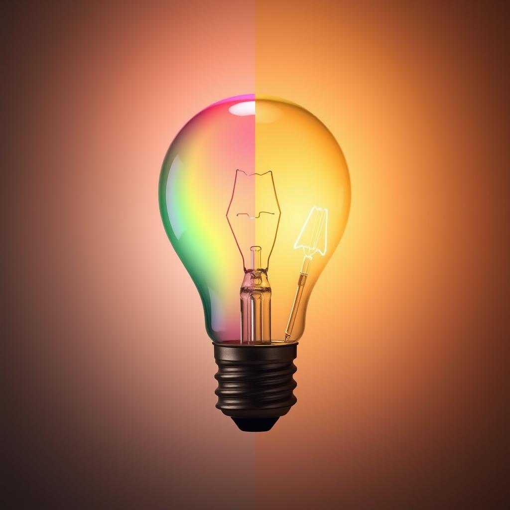 An artistic interpretation of a light bulb that is split into two equal halves