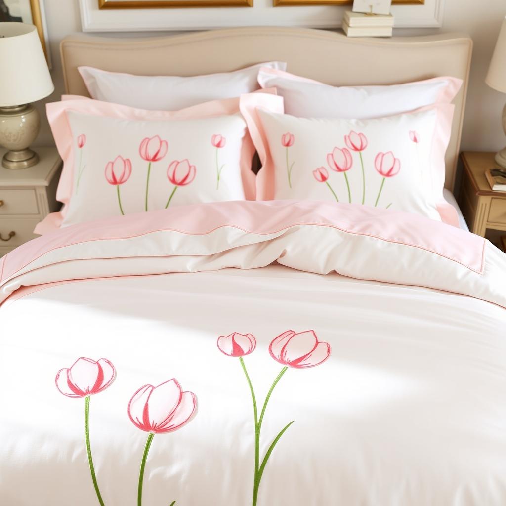 An elegant bedding set displayed on a neatly made bed, featuring a combination of soft rose pink and crisp white colors