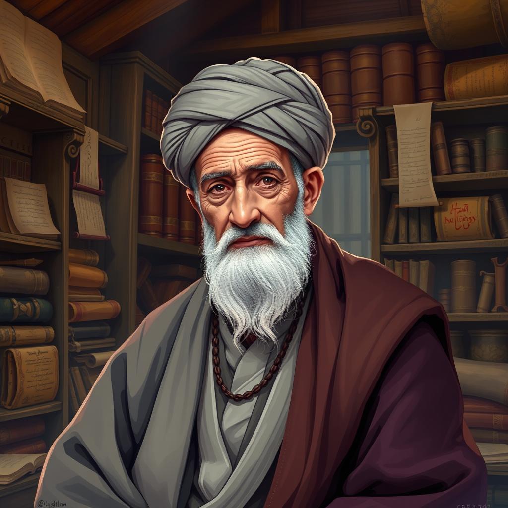 A horizontal digital illustration portrait of an elderly, thoughtful Sufi master dressed in flowing traditional robes and an intricately wrapped turban
