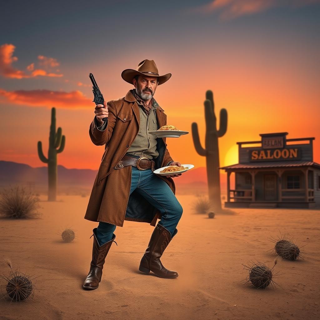 A dynamic and vibrant spaghetti western scene featuring a rugged cowboy in a dusty desert landscape