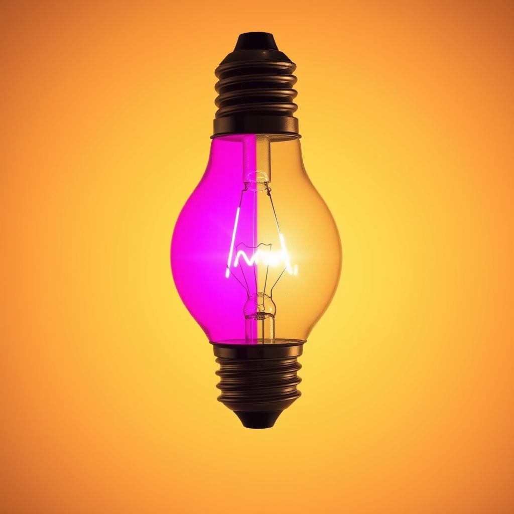 An artistic light bulb design split into equal halves, showcasing a vibrant LED lightbulb with a bright pink glow on one side, and a classic incandescent bulb emitting a soft pale yellow light on the other side
