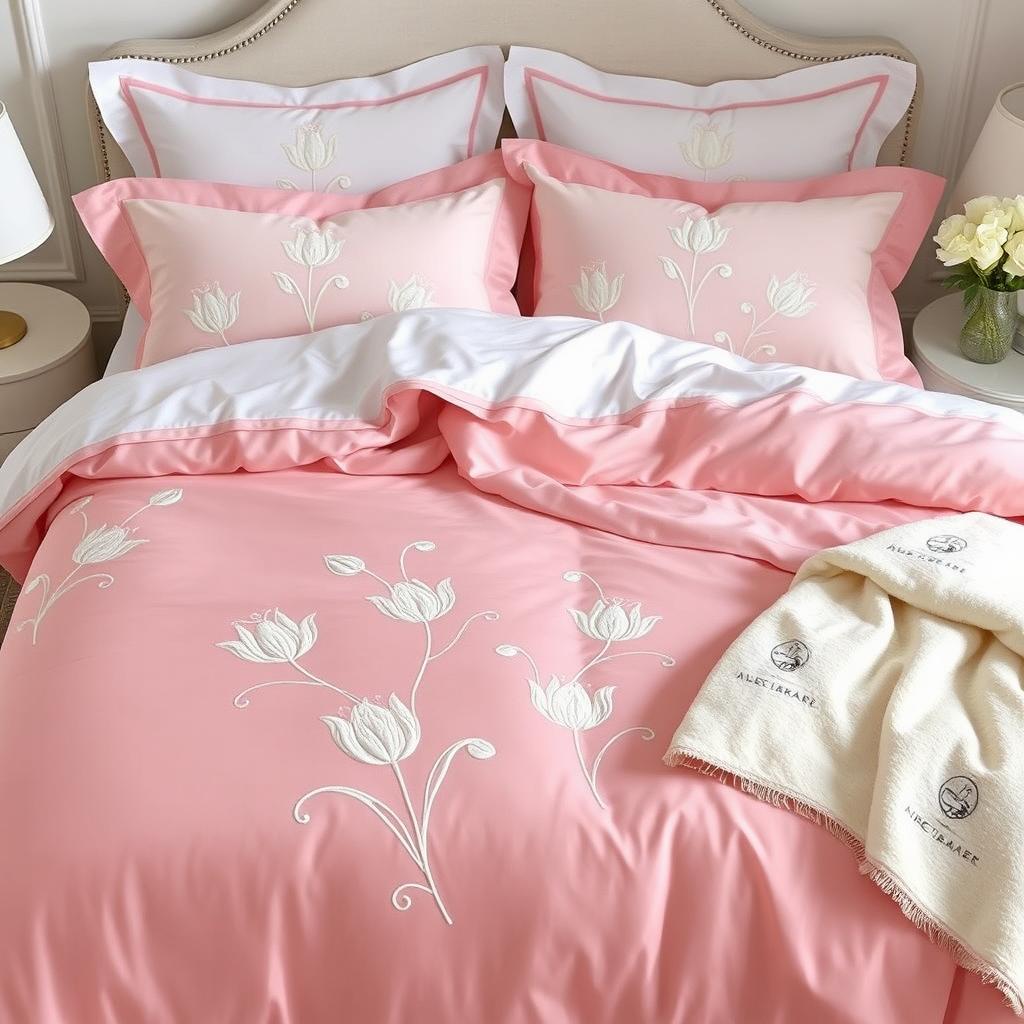 A beautiful bedding set featuring a luxurious combination of rose pink and white fabrics
