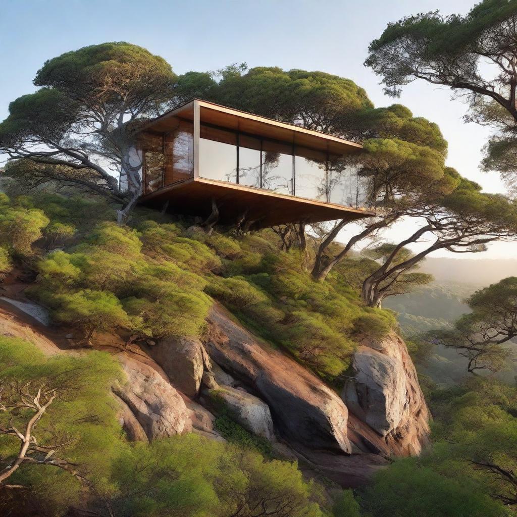 Secluded house perched atop a sturdy tree, surrounded by vast, untouched wilderness