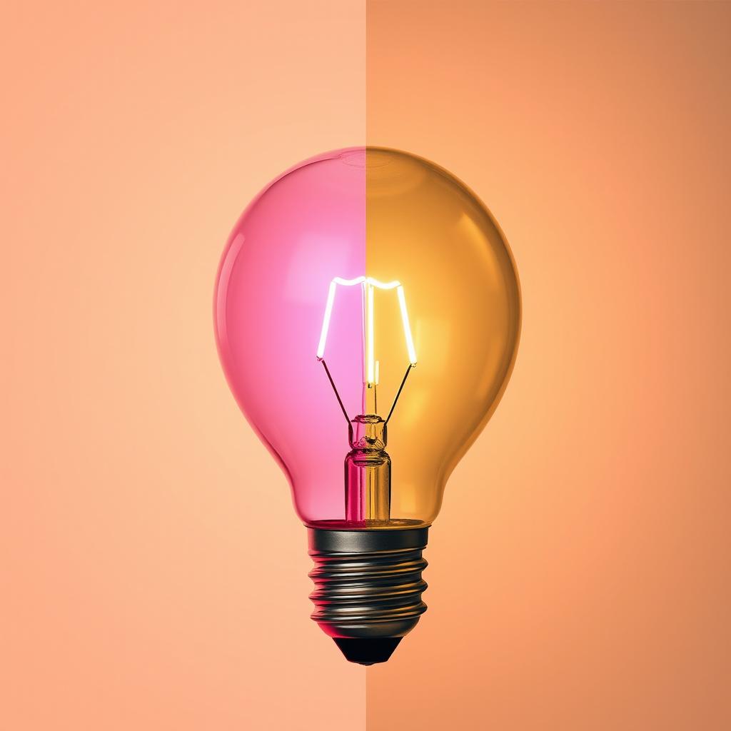 An artistic light bulb design split into equal halves, showcasing a LED lightbulb with a soft muted pink glow on one side, and a classic incandescent bulb emitting a gentle pale yellow light on the other side