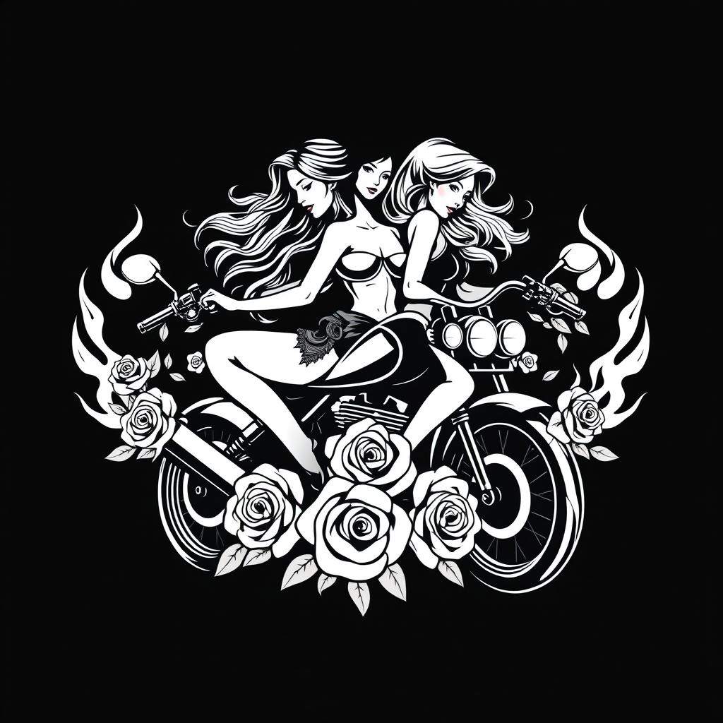 A striking black and white vector logo featuring one or more stylized women intertwined with motorcycle parts, such as handlebars, wheels, and exhaust pipes, alongside roses and flames