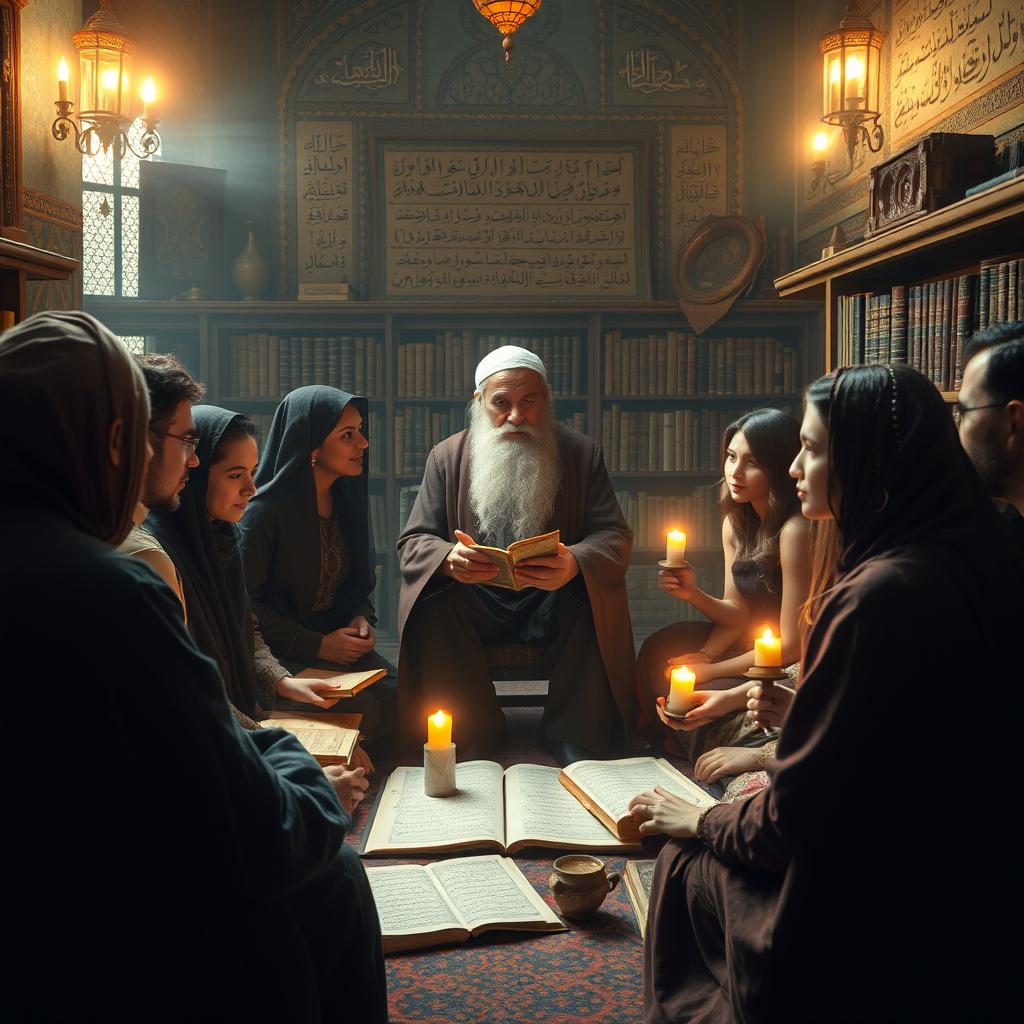 A mystic gathering scene in a beautifully adorned old library, where a group of diverse, passionate individuals is engaged in deep discussions around Sufism and literature