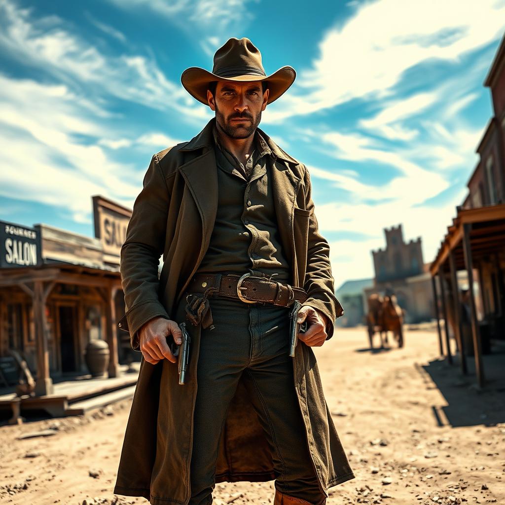 A rugged western gunslinger standing confidently in a dusty old town
