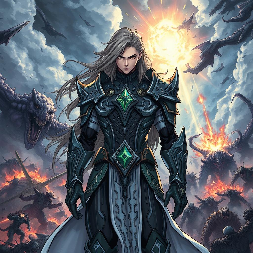 An epic fantasy illustration showcasing a powerful character dressed in a sleek, modern armor with intricate designs