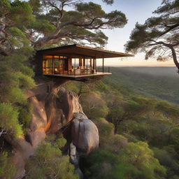 Secluded house perched atop a sturdy tree, surrounded by vast, untouched wilderness