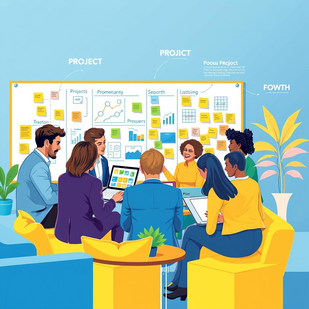 An informative and visually engaging illustration representing Project Management Institute (PMI) concepts