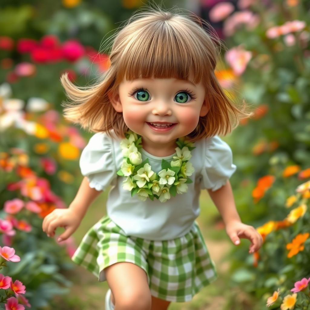 A joyful 6-year-old girl named Taffy with straight, light brown hair styled in bangs and an innocent, cheerful face